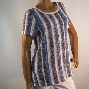 Bobeau Womens Short Sleeve Striped Knit Blouse Top Size Large White Pink Blue